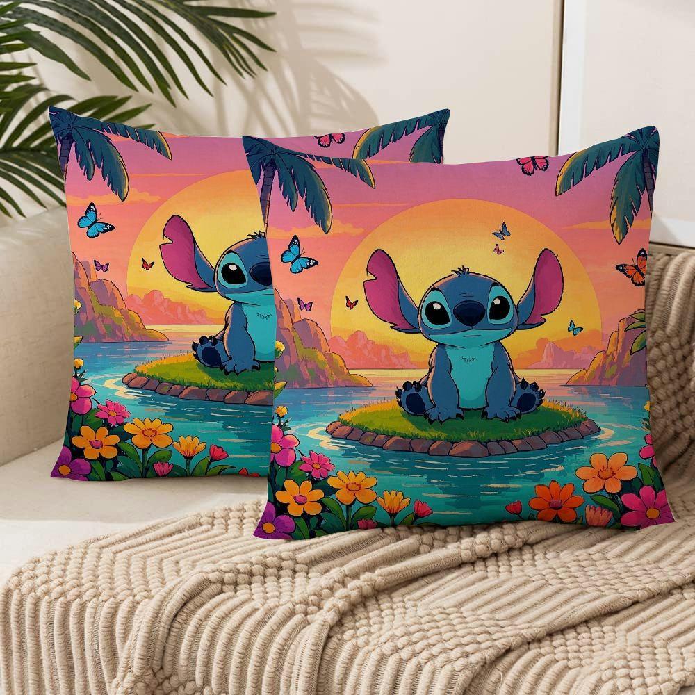 Two-pack polyester throw pillow covers featuring Disney Stitch and Angel themes, measuring 45.72x45.72 cm. These decorative cushion cases are perfect for adding a touch of whimsy to your sofa, living room, or outdoor decor.