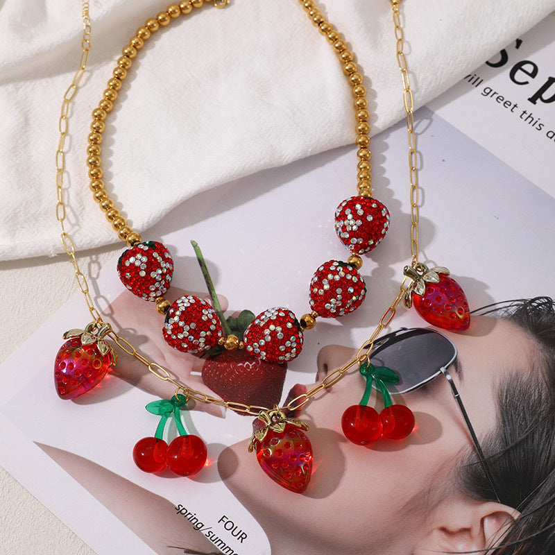 Y2K-Inspired Elegant Resin Strawberry & Cherry Pendant Necklace with Vibrant Red and Golden Accents - Great for Ladies & Sisters, Perfect for Parties & Festive Events