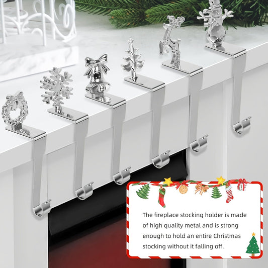 Set of 4 Sophisticated Metal Christmas Stocking Holders - Stylish Mantel Hooks featuring Snowman, Reindeer, & Tree Designs for a Festive Fireplace Display, Holiday Decor