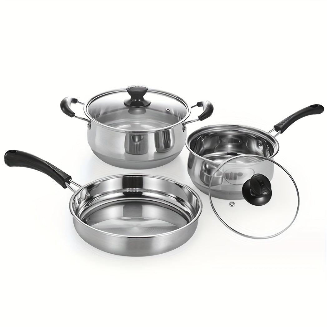 Three-piece set of durable stainless steel cookware, including a thickened soup pot, milk pot, and fryer. This versatile set is perfect for frying, stewing, and cooking, whether in a household kitchen or professional restaurant setting. Can be used on