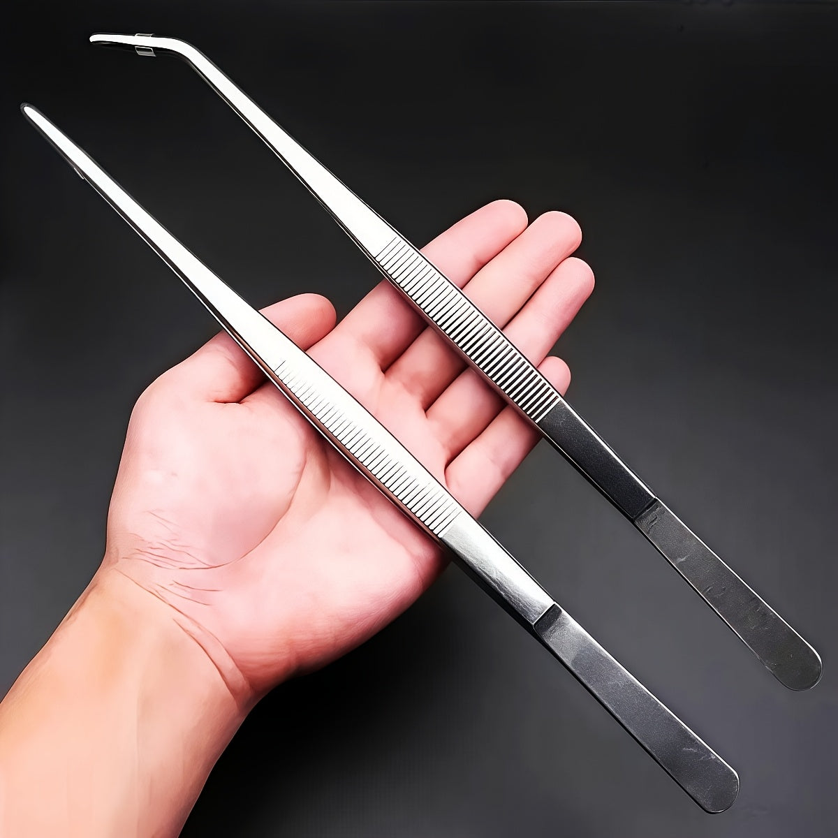 2pc Stainless Steel Tweezers Set for cooking, grilling, bonsai, jewelry making - long, durable, anti-slip home and office tools.