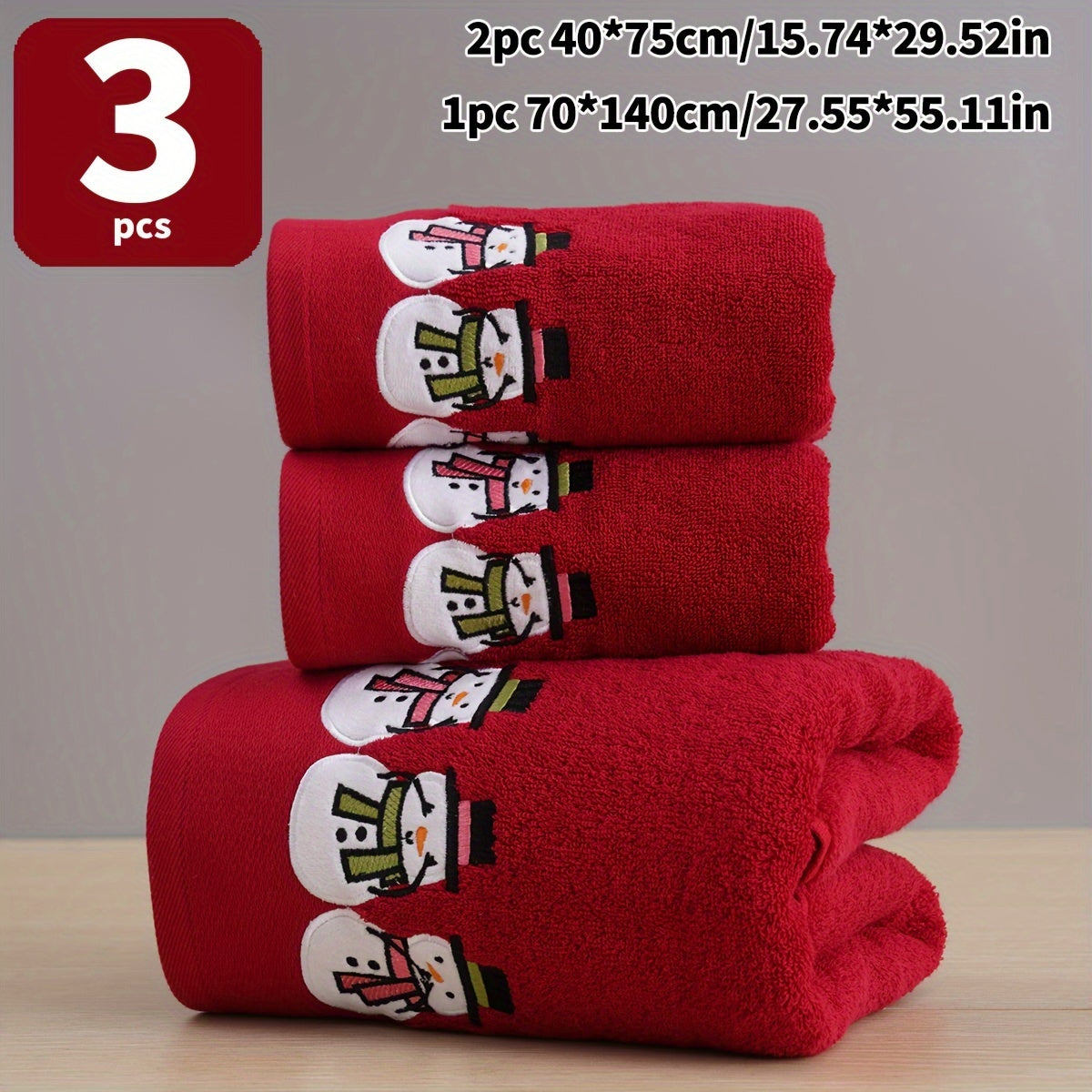 Christmas-themed towel set with embroidered snowman design. Includes 2 towels and 1 bath towel, ideal for couples' bathroom essentials and holiday gifts. Made of 100% cotton.