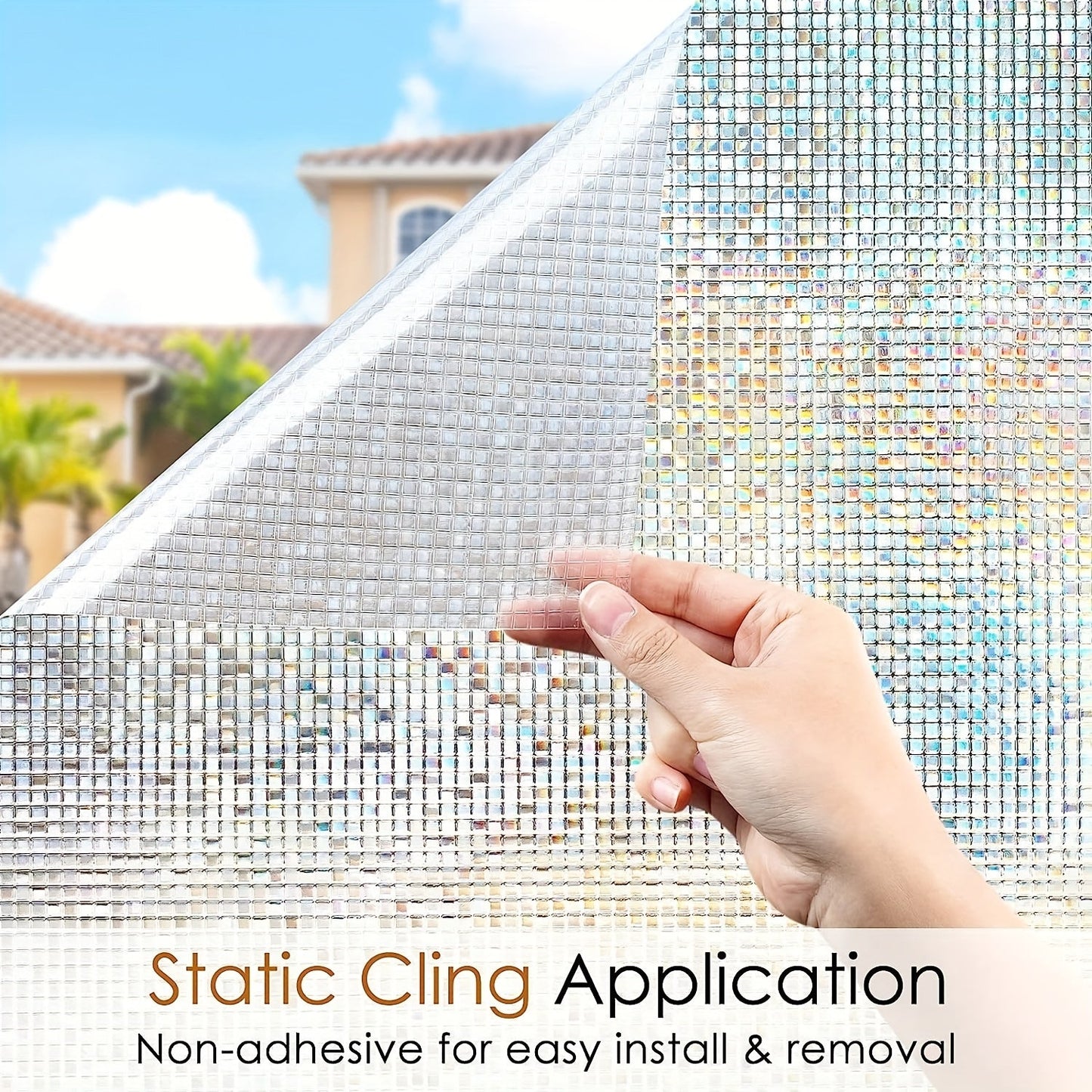 Frosted Retro Mosaic Grid Privacy Glass Film provides heat insulation with adhesive-free application. This semi-transparent film offers sun protection and can be used as window decals or stickers. Perfect for adding decoration to your bathroom or door