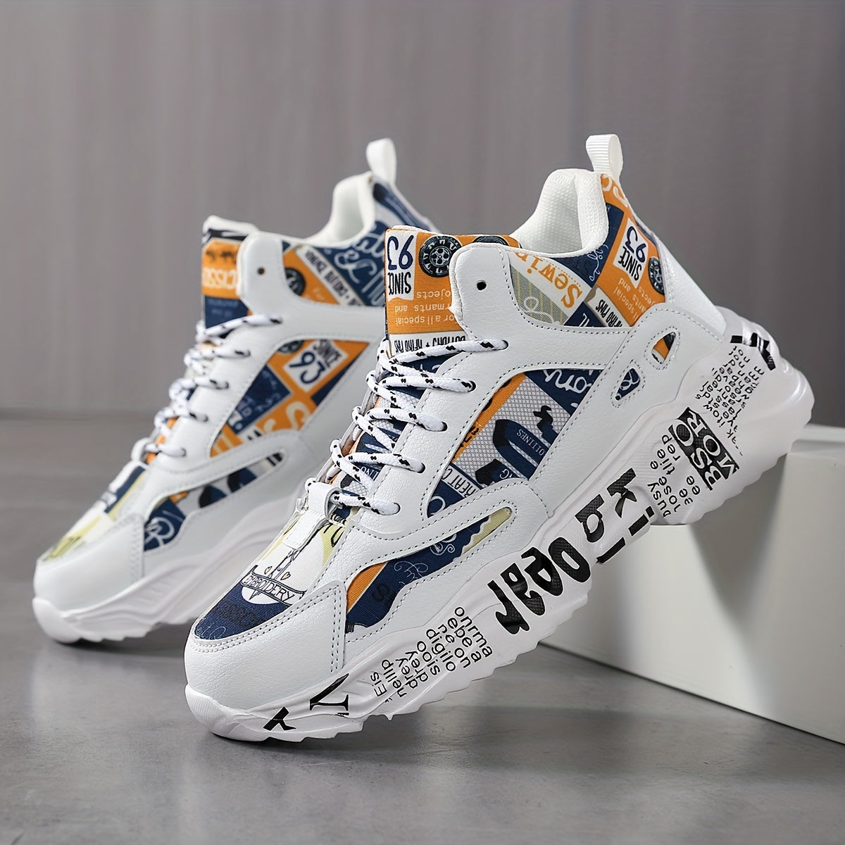 Breathable chunky sneakers with bold letter print & denim-like fabric, comfortable, lightweight all-season running shoes for men and women, urban streetwear shoes, midtop sneakers with