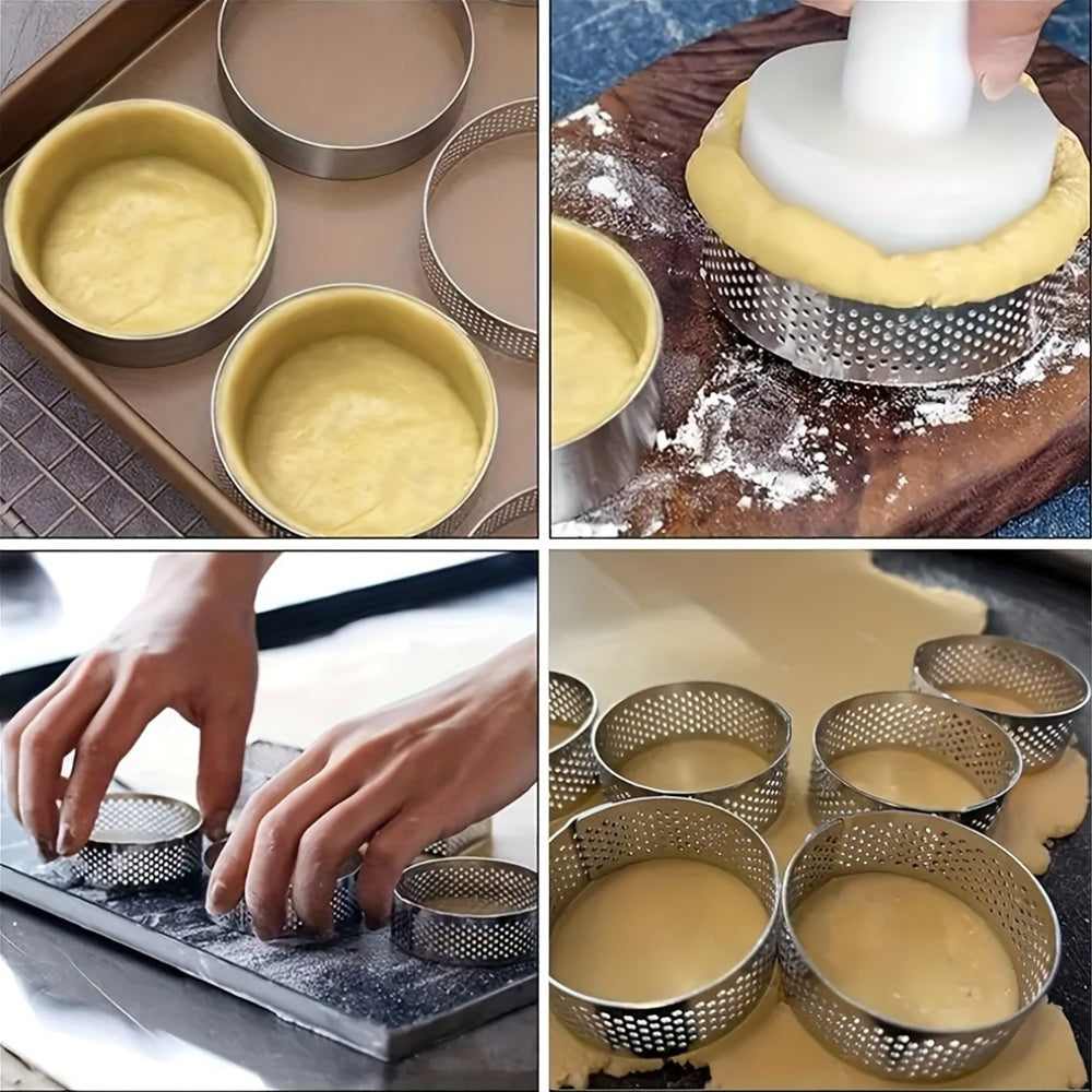 Set of 2, 4, 6, or 12 Stainless Steel Round Tart Rings with Perforated Design for Baking Cheesecake, Cookies, and Pastries during the Christmas Holiday Season