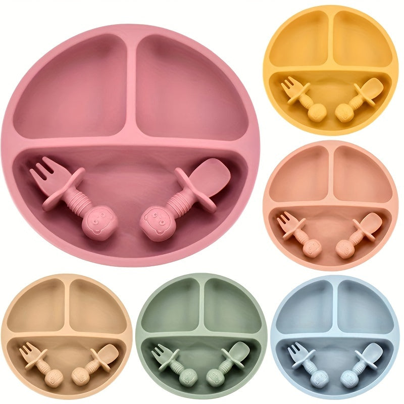 Set of 3 WHZWYK Silicone Baby Plates with Cute Smile Face Design - Includes Non-Slip Divided Plate, Fork, and Spoon for Toddlers, BPA-Free and Safe for Dishwasher and Microwave, Suitable for Children Ages 0-3.