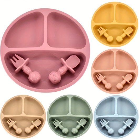 Set of 3 WHZWYK Silicone Baby Plates with Cute Smile Face Design - Includes Non-Slip Divided Plate, Fork, and Spoon for Toddlers, BPA-Free and Safe for Dishwasher and Microwave, Suitable for Children Ages 0-3.