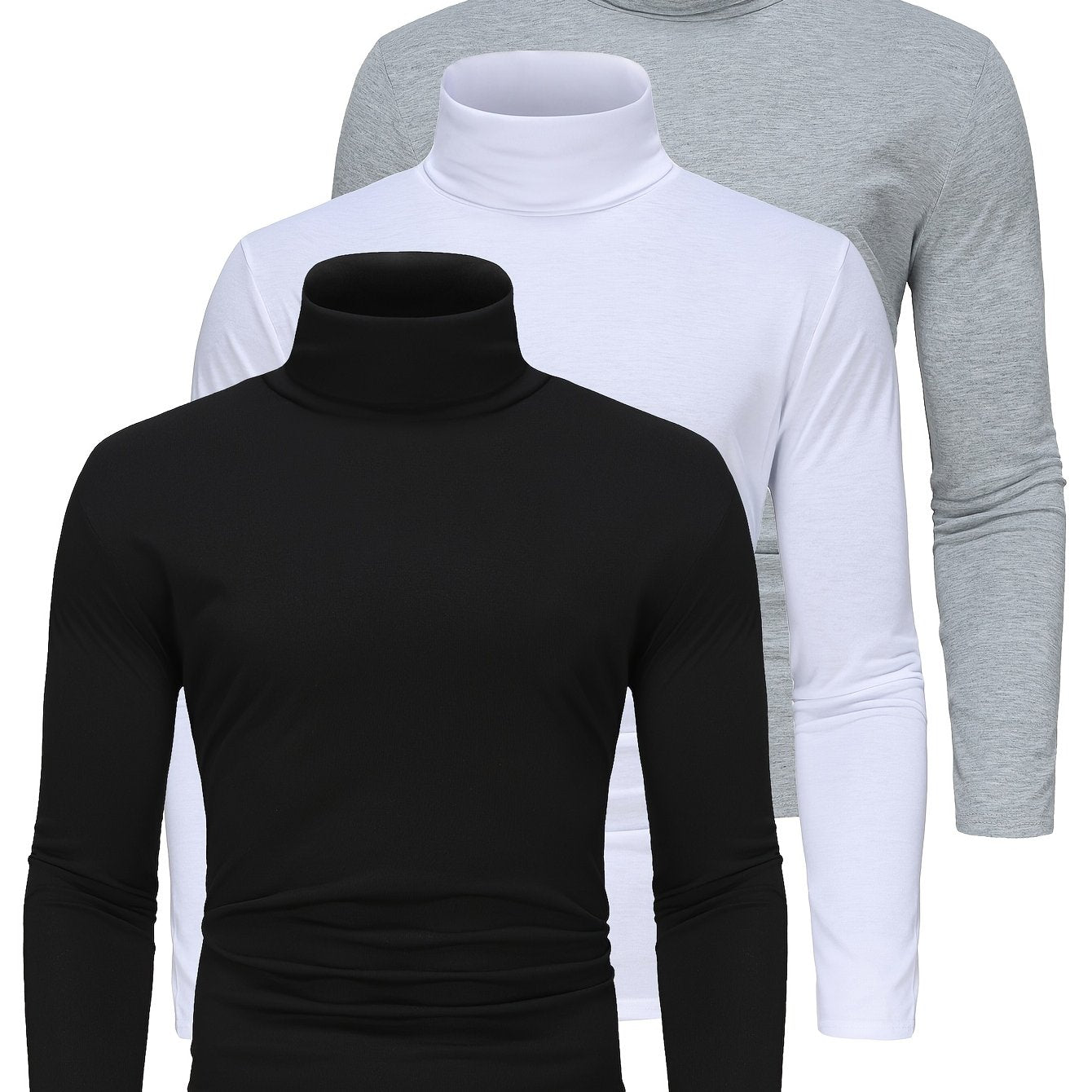 Three men's high neck long sleeve turtleneck t-shirts in solid color, made of polyester knit fabric with medium stretch, perfect for fall/winter.