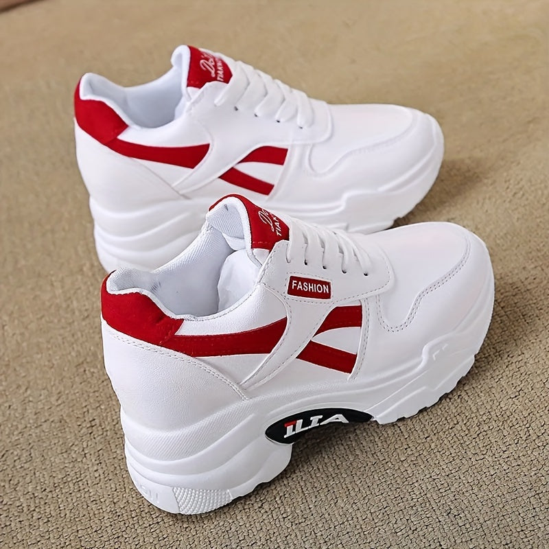 Women's Casual Dad Sneakers - White with Red Accents, Thick 8cm Sole, Lace-Up, Versatile Height Increase Shoes, Chunky Sole, Durable Rubber Sole