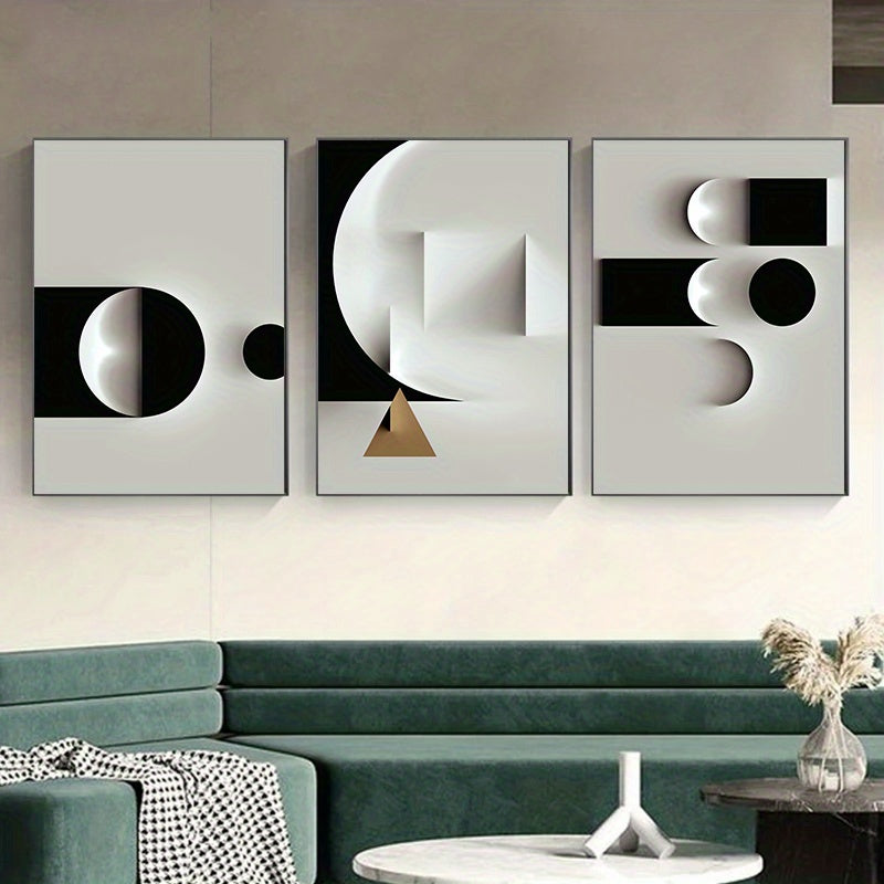 3 geometric canvas paintings in black and white, modern Nordic style, for living room home decor (no frame included)