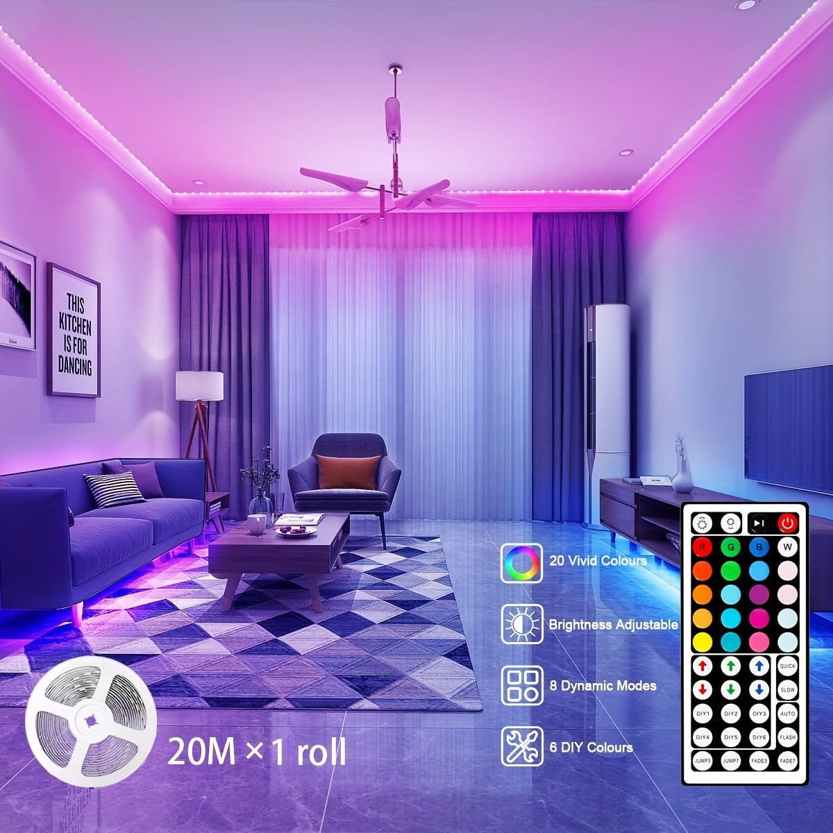 Control LED strip lights wirelessly with an infrared remote to customize RGB lighting and decorate living room atmosphere with flexible ribbon lamp string.