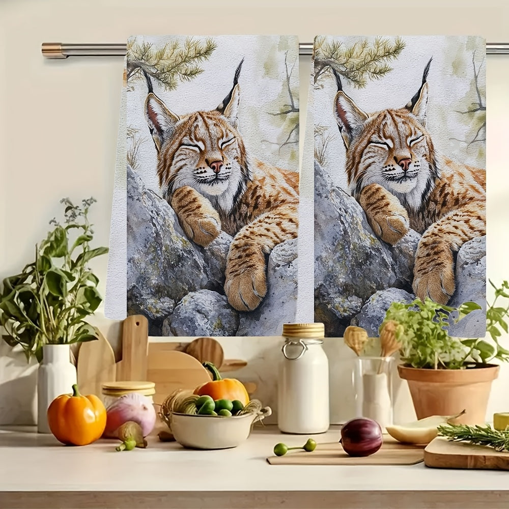 Set of 2 Ultra Soft Kitchen Towels featuring a Serene Lynx Resting on Rock Design, Perfect for Drying Dishes. Highly Absorbent & Machine Washable, Adds a Contemporary Coastal Decor Touch to Your Kitchen. Each Towel Measures 40.64x60.96 cm.