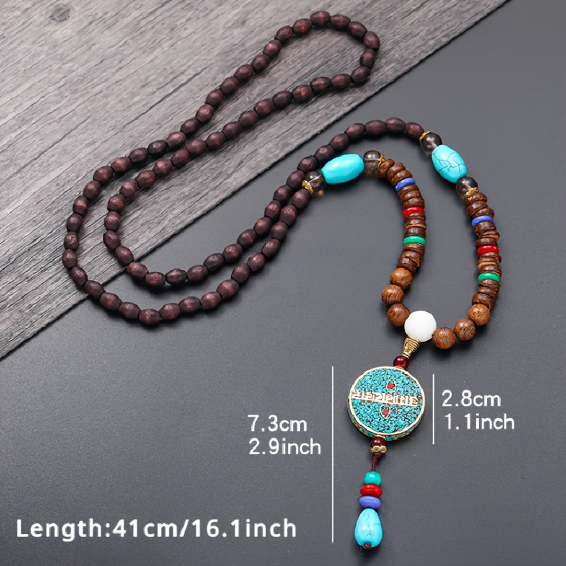 Gift Necklace: Long Sweater Chain with Boho Style Wooden Beaded Pendant, Carved Jewelry