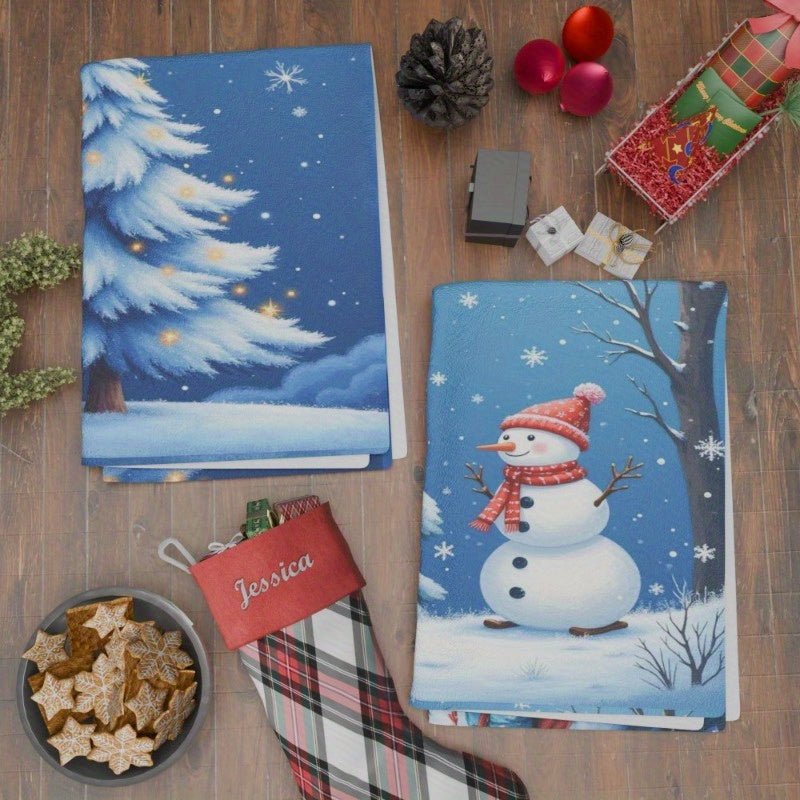 Set of two kitchen towels measuring 45.72*66.04 cm each, with a festive Christmas Winter theme. Ideal for adding charm to your kitchen decor and as a thoughtful holiday gift, these towels are decorated with delicate snowflakes.