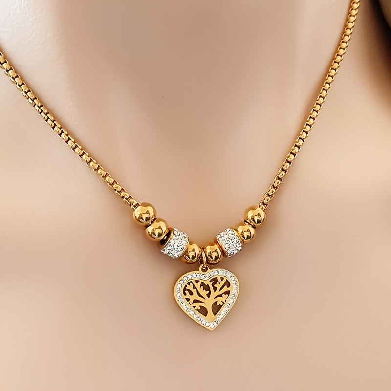 Stylish and Seductive Titanium Tree of Life Heart Pendant Necklace adorned with 18K Plating and Sparkling Crystals - Ideal for Daily Wear and Gifting