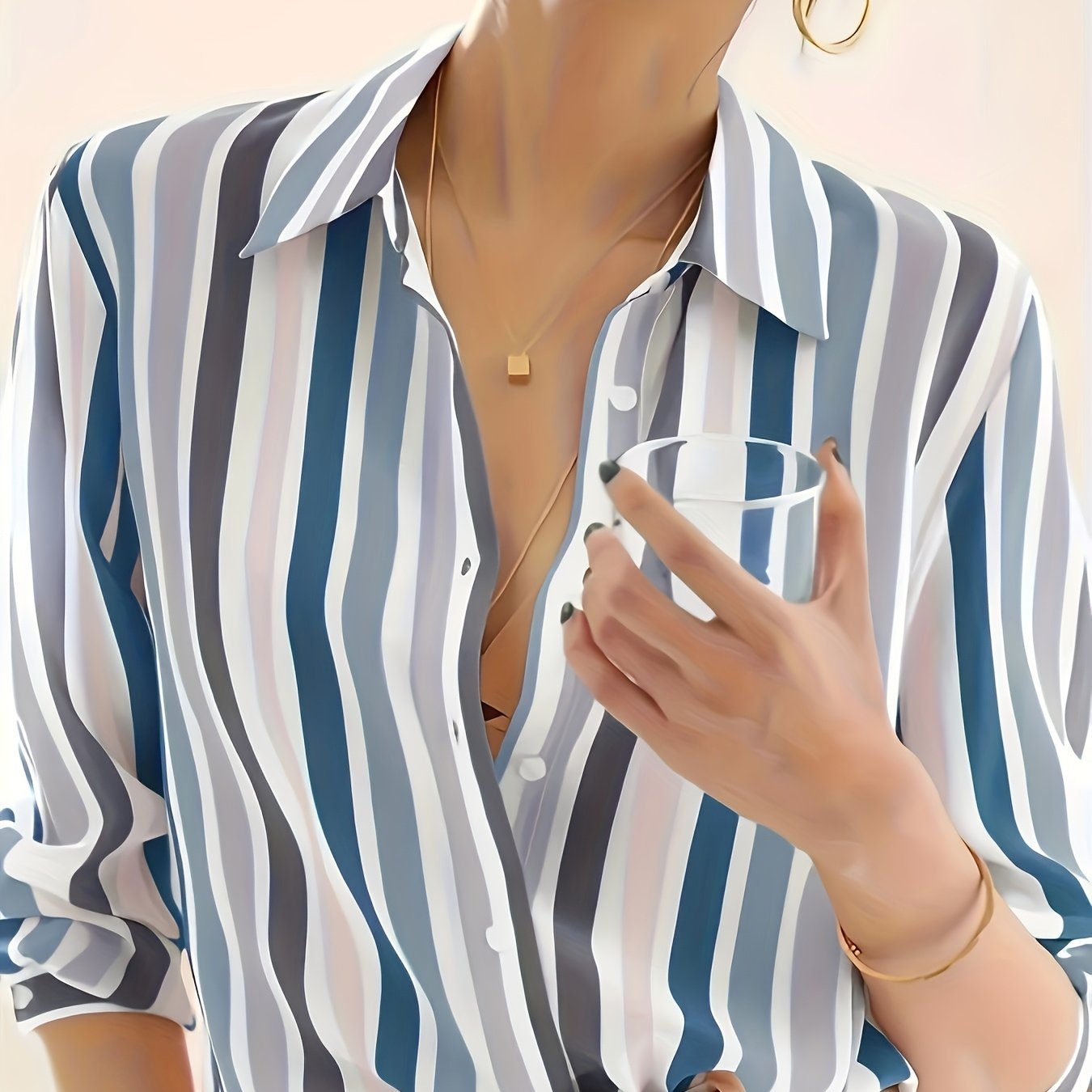 Casual striped print button-down shirt for women. Made from 100% polyester woven fabric with a lapel collar, long sleeves, and lightweight at 110g/m². Ideal for spring, summer, or fall.