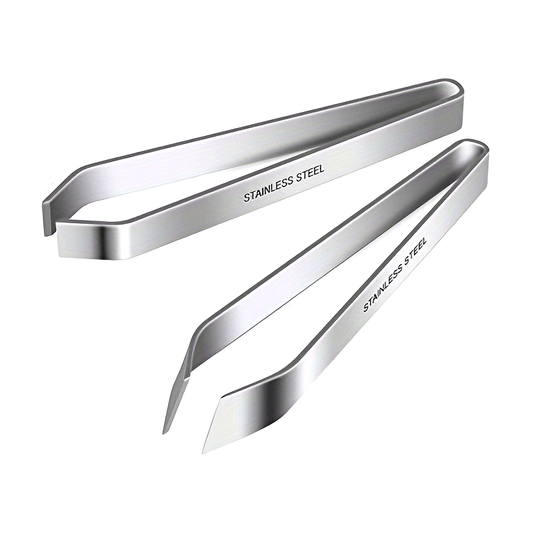 Professional grade fishbone tweezers with stainless steel flat and tilted tips for easy removal, perfect for restaurants and home cooking.