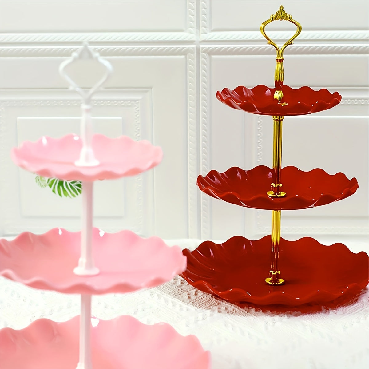 1pc Elegant 3-Tier Cake Stand in Green & White with Golden Accents - Floral Design, Durable PP Material - Ideal for Tea Parties, Weddings & Gatherings, Perfect for Dessert Display & Cake