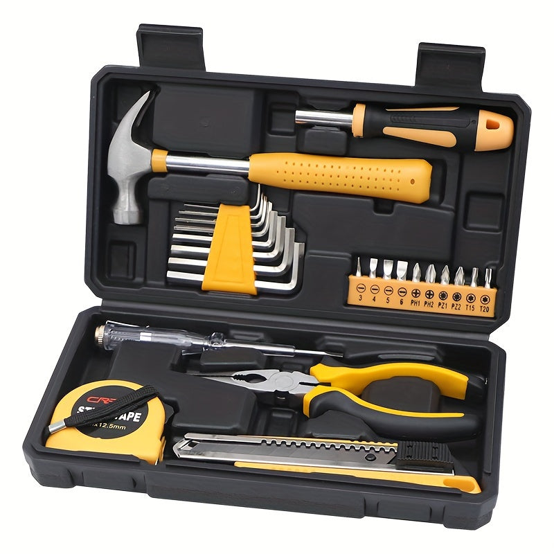 25/26 piece General Household Hand Tool Kit Set for DIY projects and home repairs. Includes plastic toolbox storage case in yellow color.