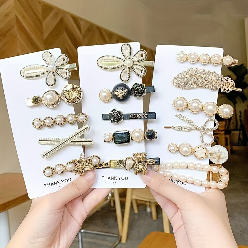 A collection of elegant pearl and golden hair clips for women's hair decoration.