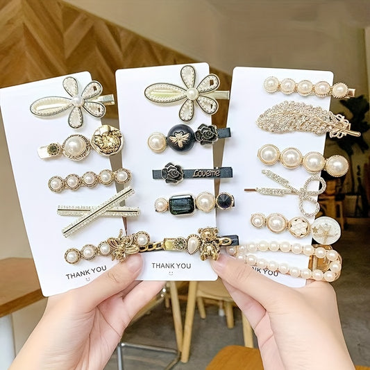 A collection of elegant pearl and golden hair clips for women's hair decoration.