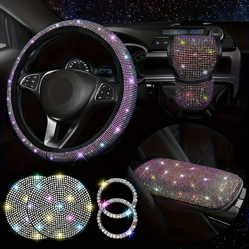 7-piece set of bling car steering wheel covers with cup holder coaster and gear shift knob cover. Made of polyester fiber with auto diamond detailing. Includes armrest pad and start button