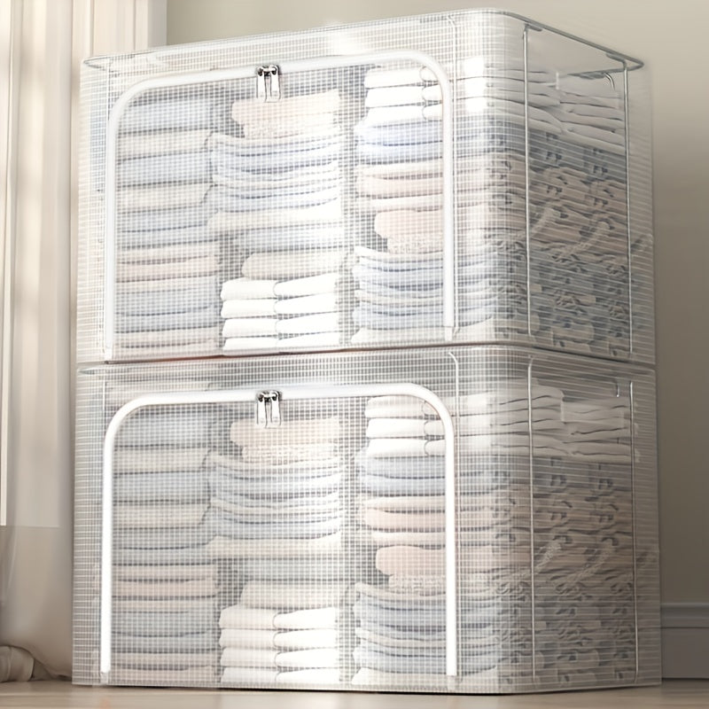 Large capacity clothes storage box with steel frame, perfect for organizing seasonal clothes. This folding storage box is ideal for storing quilts and other household items, keeping them waterproof and moisture-proof in your wardrobe. A must-have