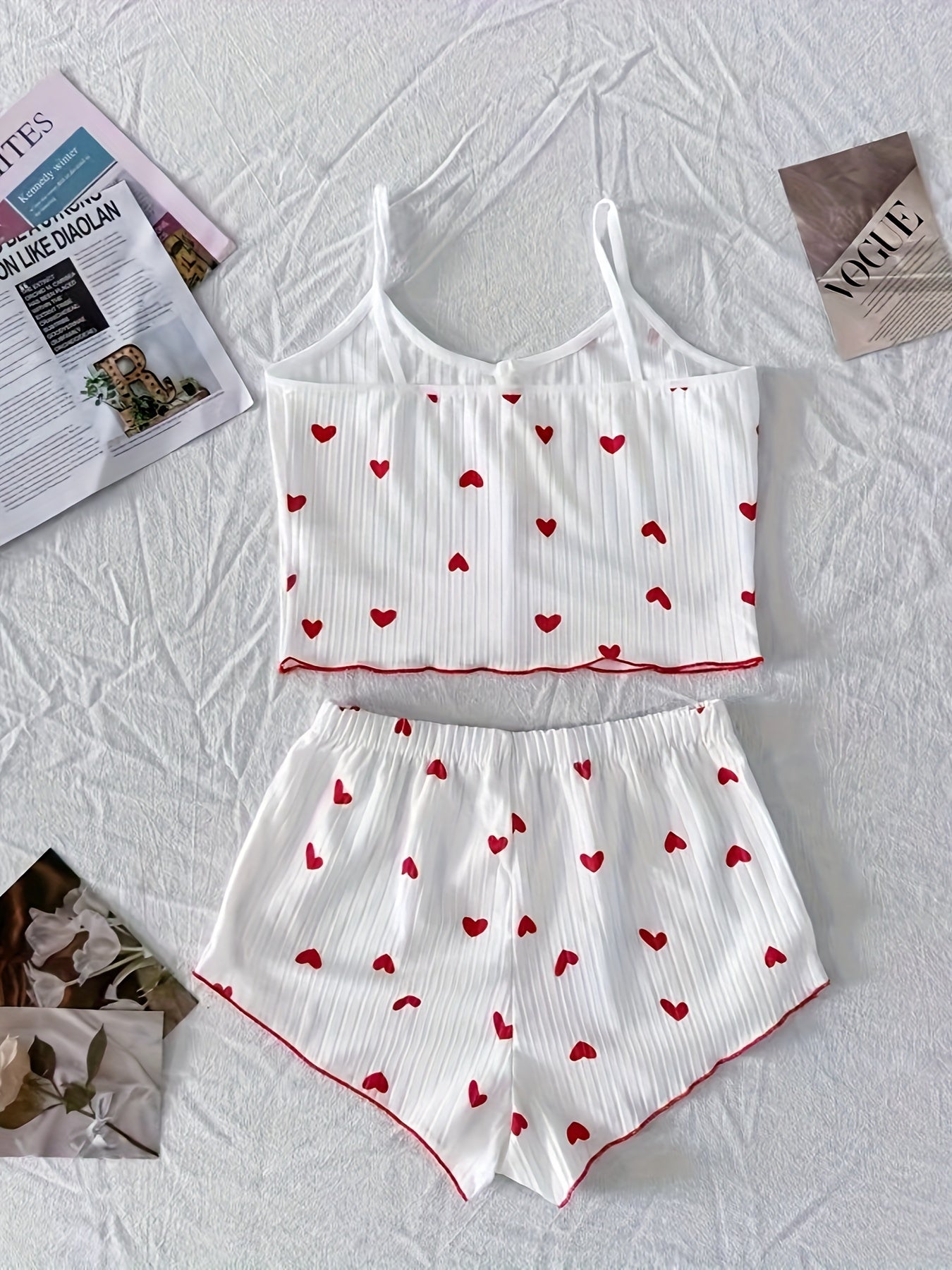 Heart Print Ribbed Pajama Set, Backless Crop Top & Shorts, Comfortable Summer Nightwear