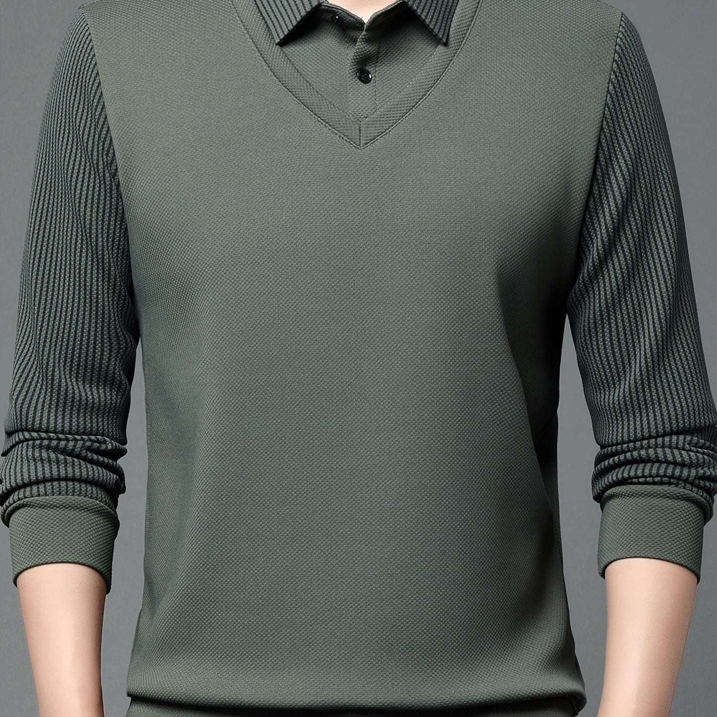 Men's casual long sleeve polo shirt made of polyester and spandex blend with lapel collar, slight stretch striped fabric, and regular fit knit half-placket pullover for spring/fall.