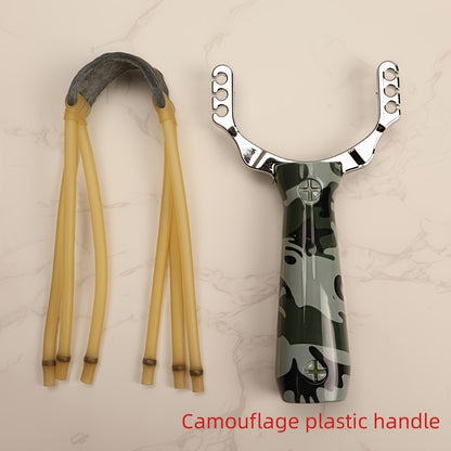 One alloy slingshot with plastic handle in camouflage design, ideal for outdoor shooting with wooden texture and three rubber bands.