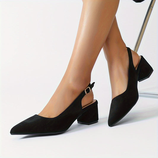 Black velvet chunky heel pumps for women with pointed toe, ankle strap, and mid-height design. Elegant and versatile shoes suitable for all seasons. Synthetic cover.