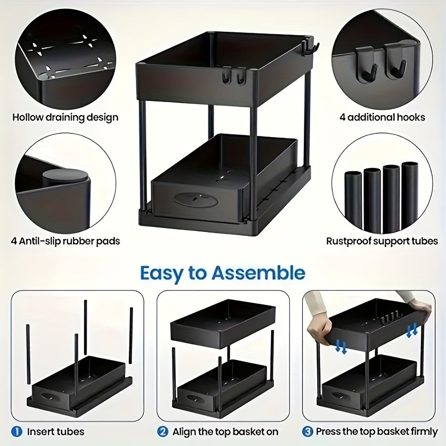 Plastic kitchen organizer rack with tiered shelf and pull-out storage for easy cleaning. Great for kitchen or bathroom.