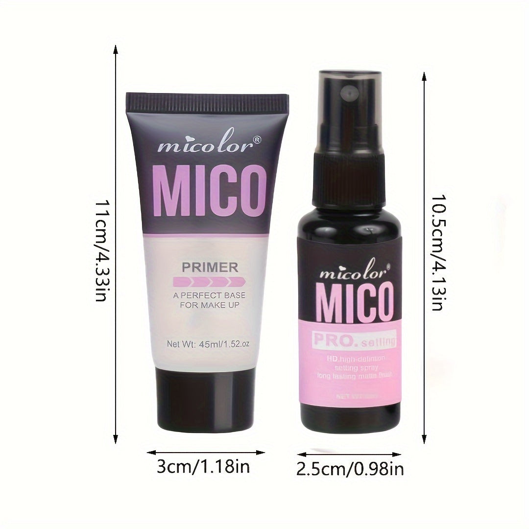 Makeup Set includes a 1.52 Oz/45ml Primer Base and HD High-Definition Long-Lasting Setting Spray for pore-minimizing and color-enhancing cosmetics.