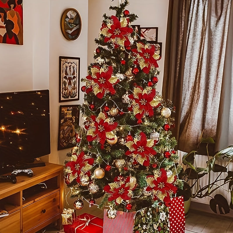 10 golden and silvery artificial Christmas decorations with red flowers, shiny ornaments, tree flower decorations, DIY wreath, holiday grass, and family party decor.