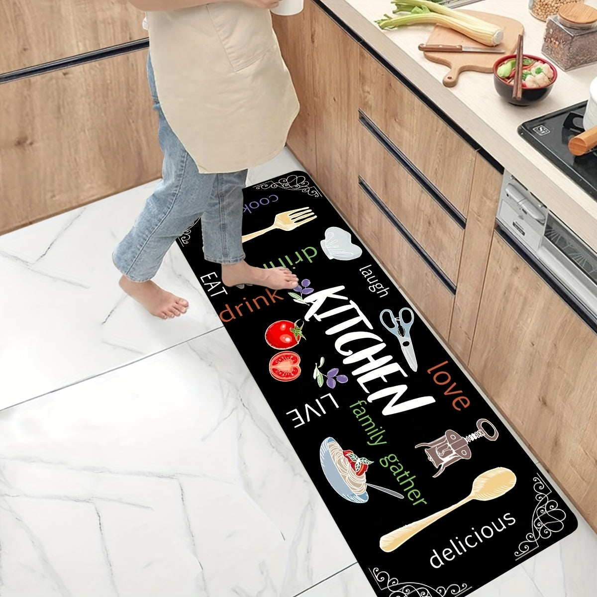 Stain resistant kitchen rug made from memory foam, featuring anti-slip and absorbent properties. Waterproof and soft cushioned for comfort, this rug is perfect for kitchens, hallways, bathrooms, and laundry rooms. Can be thrown in the wash for quick dry