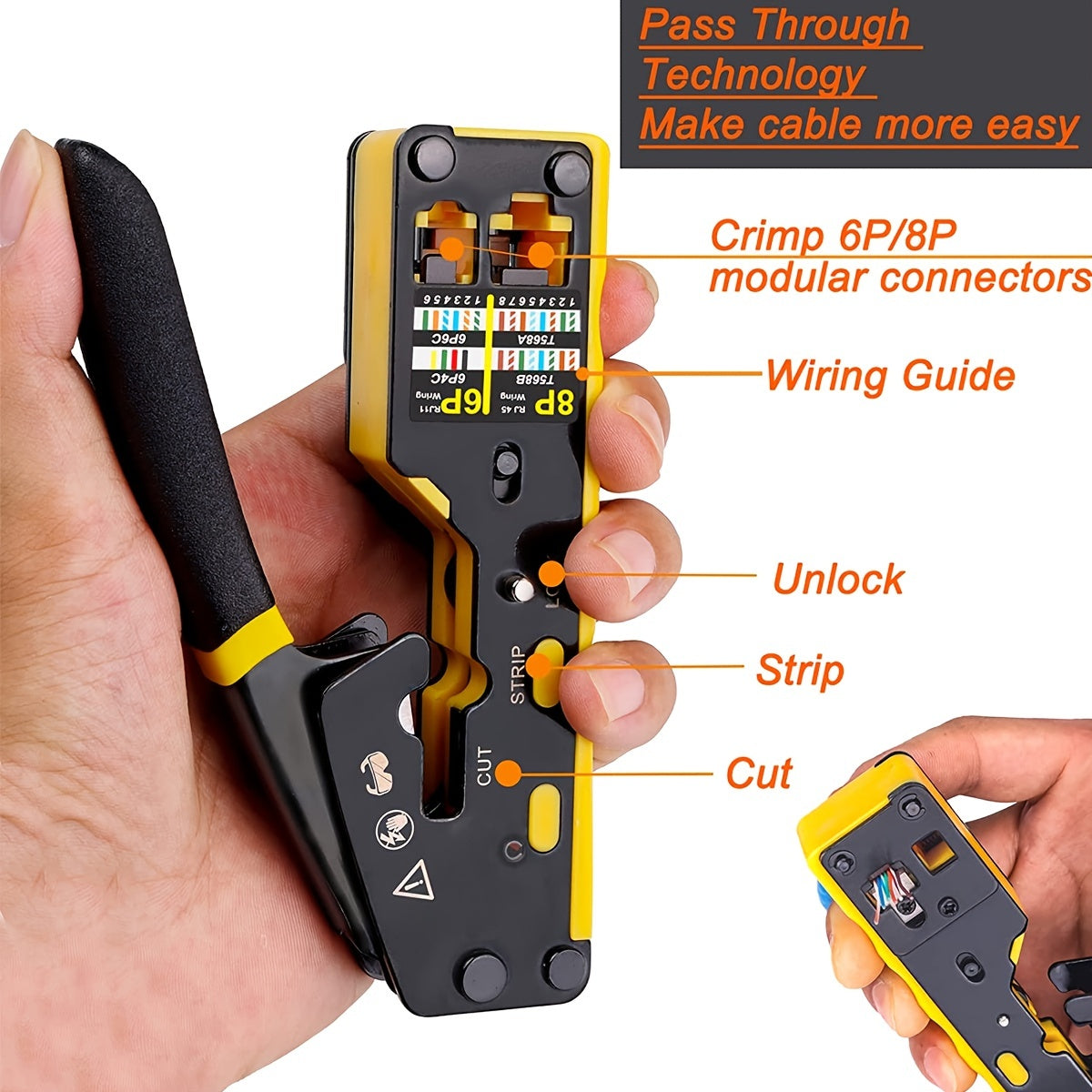 Ratcheting tool for modular data cables cutting and stripping RJ11/RJ12 and RJ45 connectors.