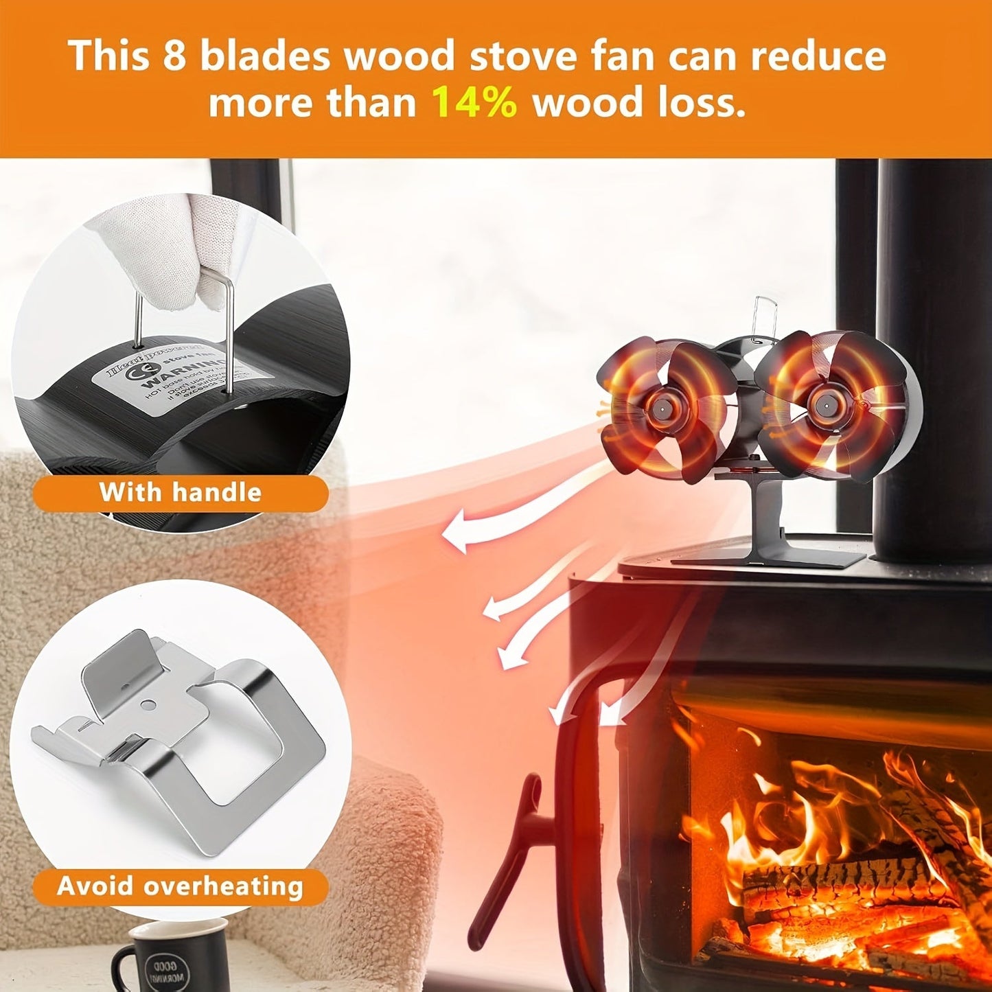 Home Heating Accessory: Non-Electric Double Motor Wood Burning Stove Fan with 8 Blades for Buddy Heater, Fireplace, Wood/Log/Pellet Burner - Black Aluminum Material