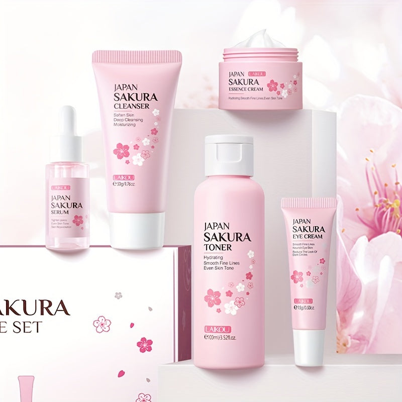 Sakura Skin Gift Set includes serum, cleanser, toner, eye cream, and face cream for daily skincare routine.