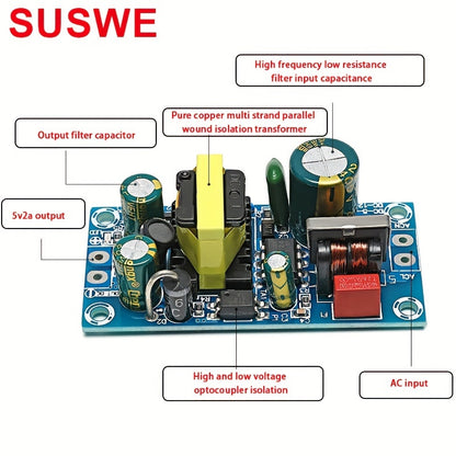 High-power switching power supply module with AC220V input and DC5V12V output options, with built-in boards available in various current capacities.