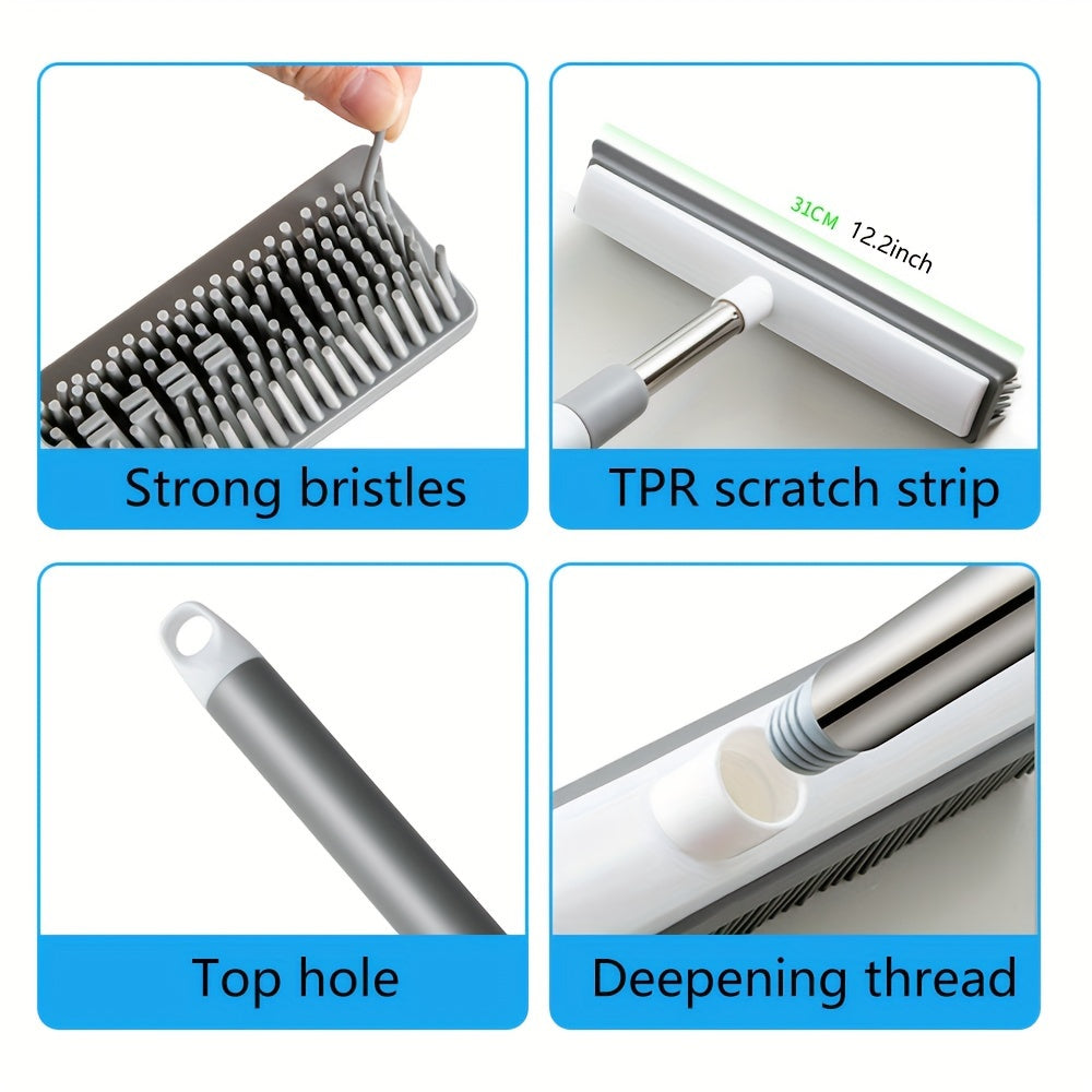 Extendable rubber broom with a scraper, made of stainless steel and silicone, designed for multi-function use on carpets, hardwood floors, tiles, and windows. This brush also functions as a retractable pet hair removal tool, perfect for use in the living