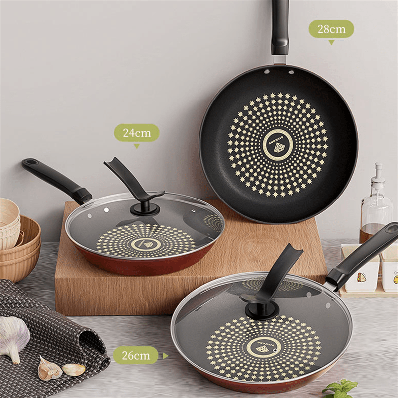 Heavy-duty non-stick iron skillet set with lids for cooking at home, RV, or outdoors. Great for steaks, pancakes, and gourmet dishes on gas or induction stoves. Durable and versatile design.