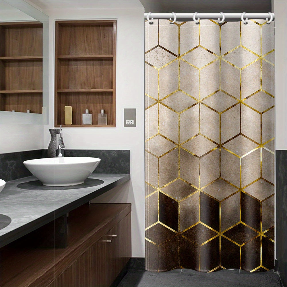 Brown gradient shower curtain with honeycomb plaid print, hooks included. Waterproof fabric for bathroom decor.