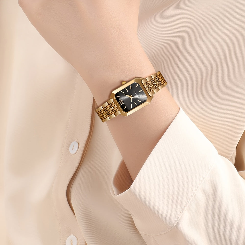 Chic women's quartz watch with elegant design, analog display, golden-tone rectangle case, stylish multi-color dial, shockproof alloy construction for daily wear and business casual.