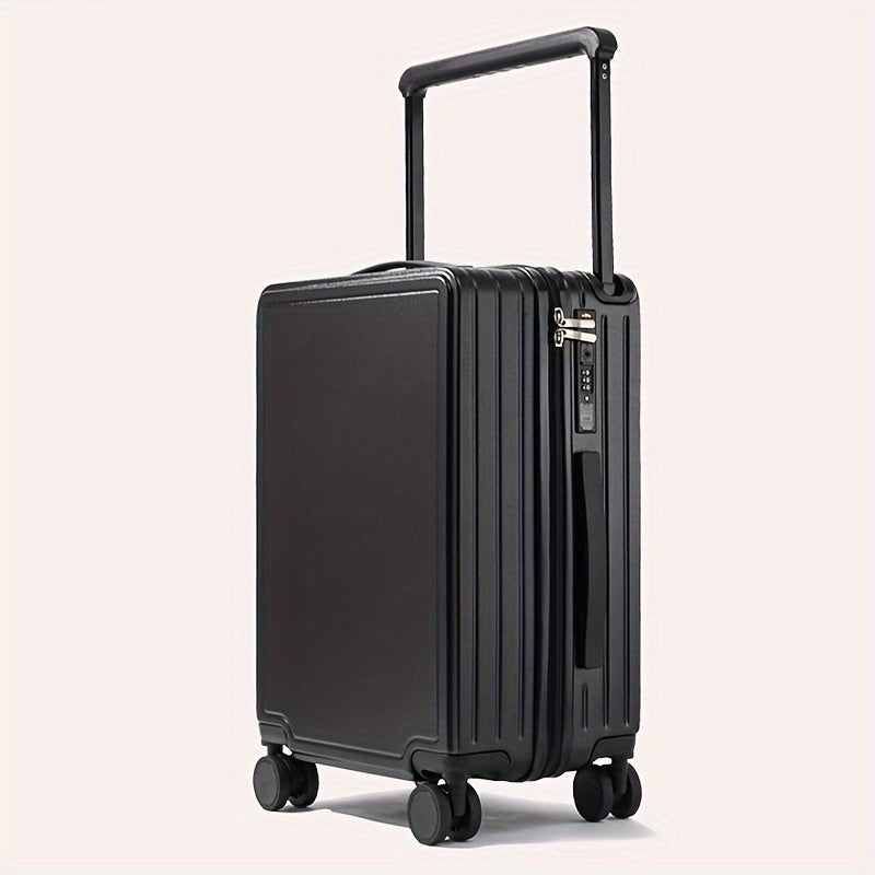 Fashionable hard shell luggage with aluminum handle, TSA lock, cup holder, USB port, spinner wheels, and laptop sleeve. Made of PC material with zipper closure.