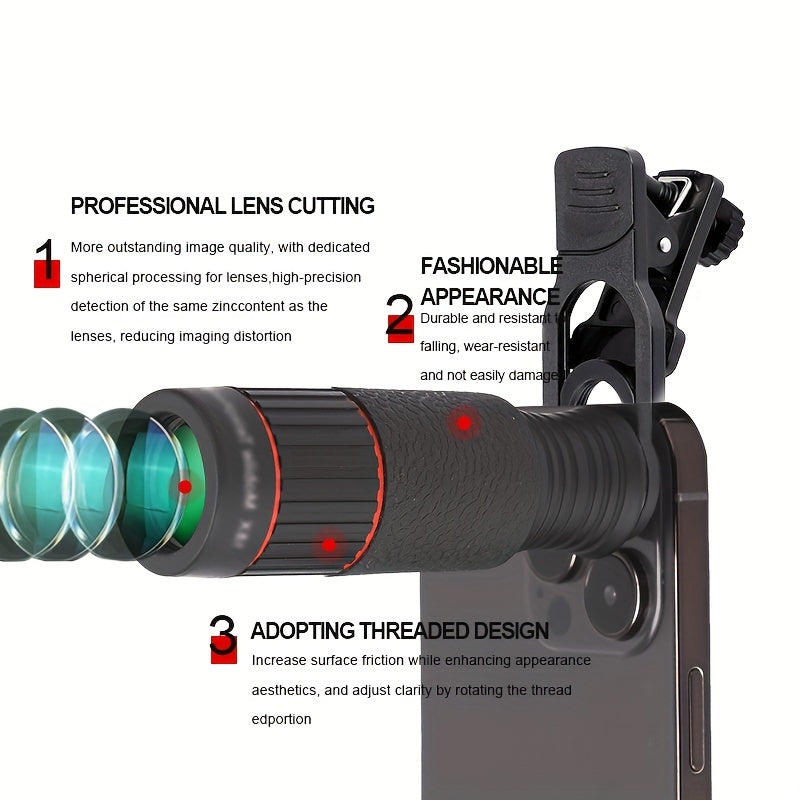 High-quality 32X HD optical telephoto lens with anti-jitter function for smartphones. Universal clip for most mobile phones, made of rubber material. Perfect for outdoor enthusiasts.