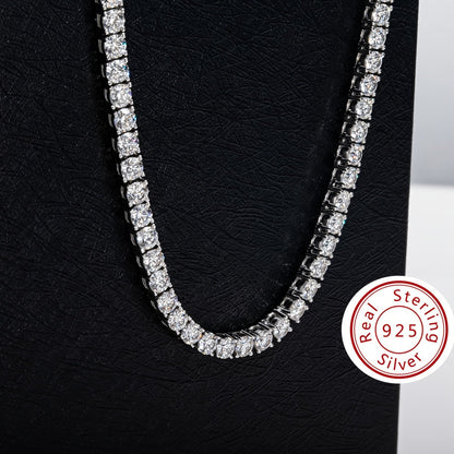 This exquisite Cuban hip hop fashion necklace features a 4.0mm mixed row of Moissanite stones set in 925 sterling silver. Available in 18, 20, 22, and 24 inch lengths, with 106, 118, 129, and 142 pieces respectively. Weighing approximately 38.5 grams