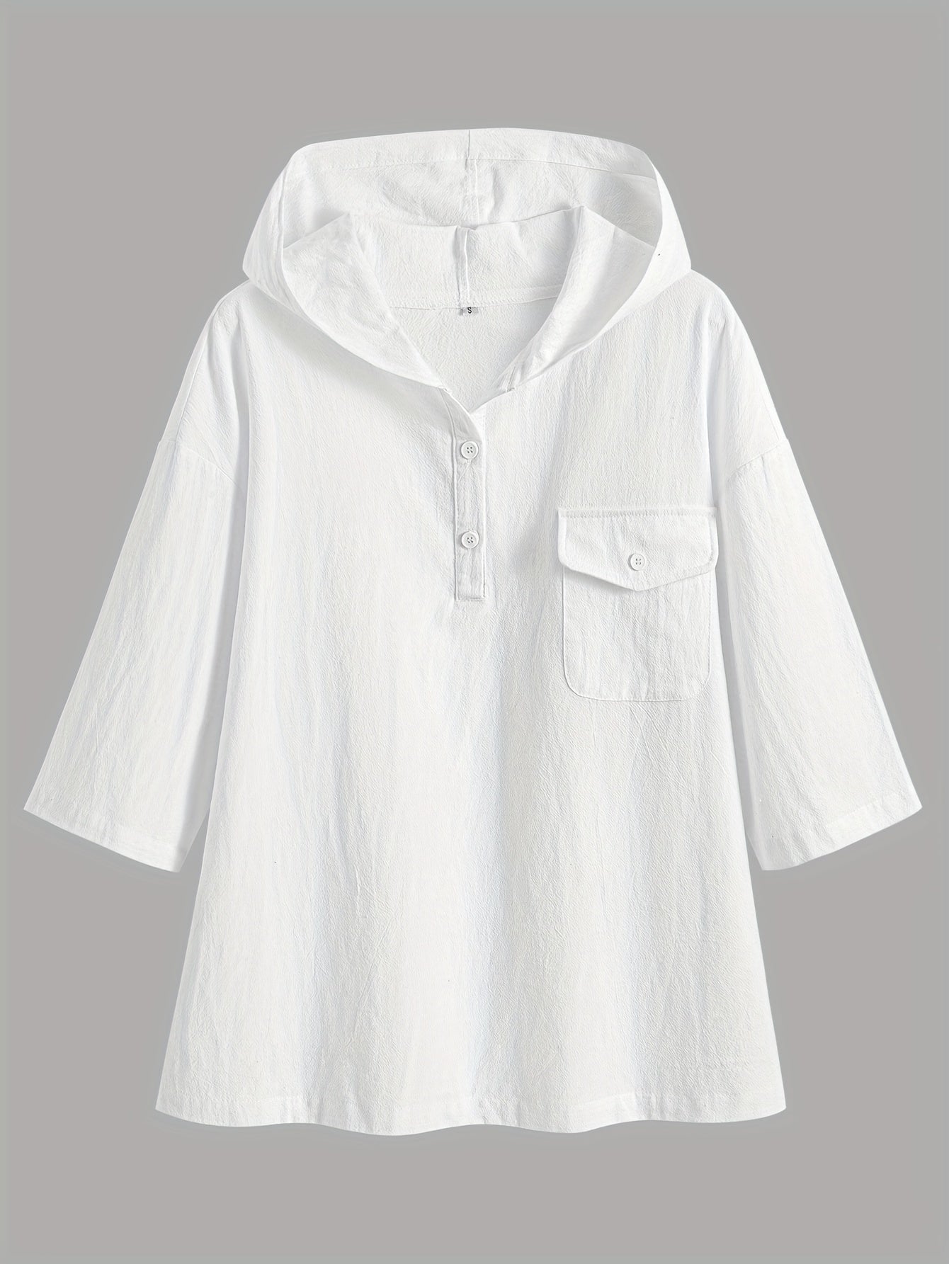 Loose-fitting short-sleeve top with hood and button closure.