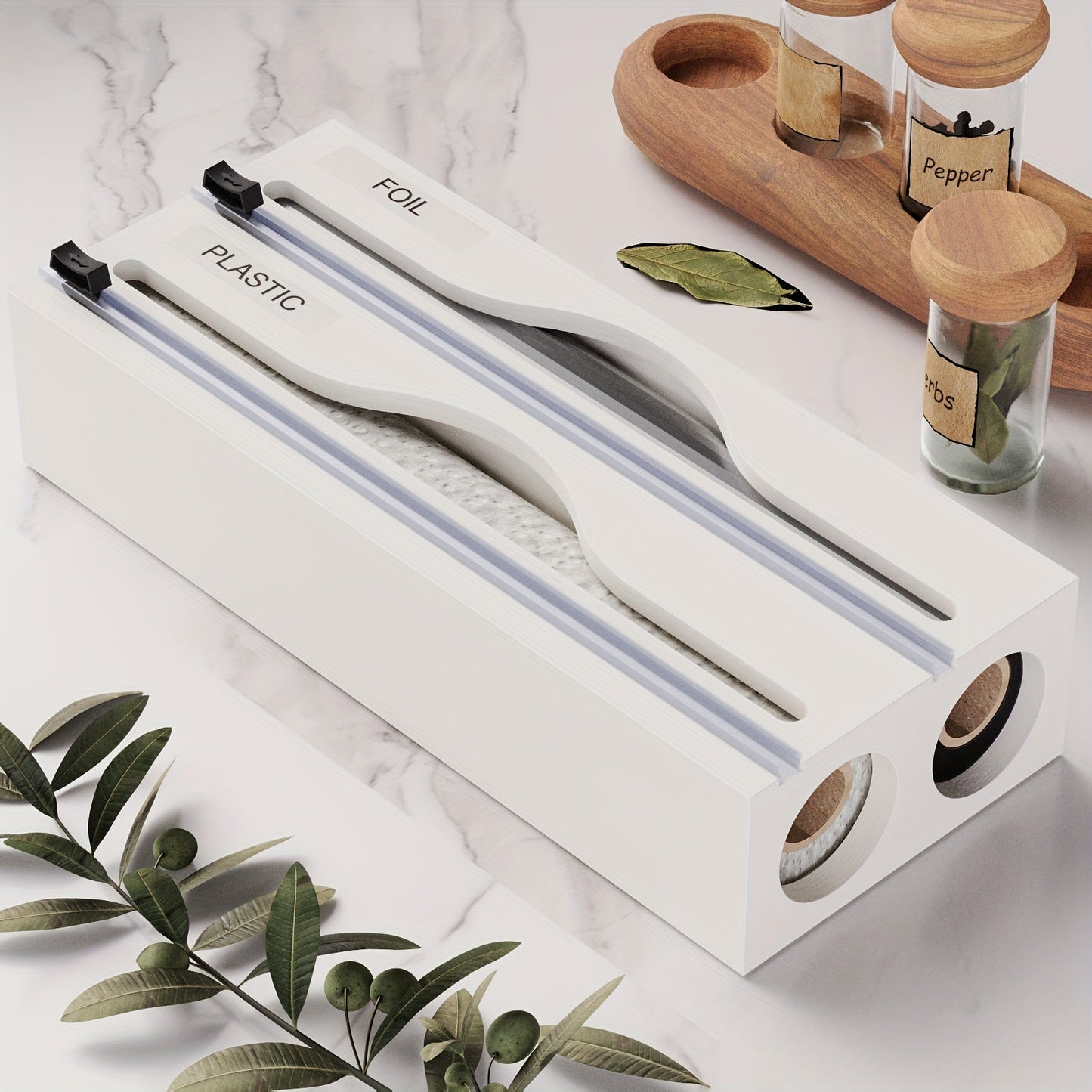 Bamboo 2-in-1 Kitchen Wrap Dispenser with Slide Cutter and Dual Slots Storage Organizer for Plastic Film, Suitable for Kitchen Drawer, Cabinet, Shelf, and Counter. Ideal for Organizing Kitchen Accessories and Storage.