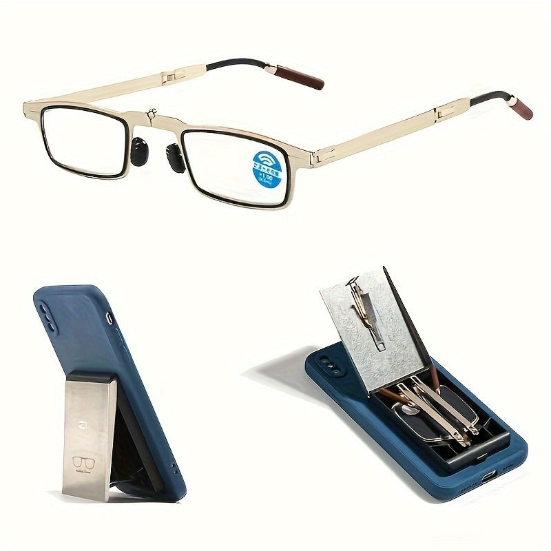 Rectangular full rim reading glasses with anti-blue light lenses, metal frame with mirror coating, and portable folding design for men and women.