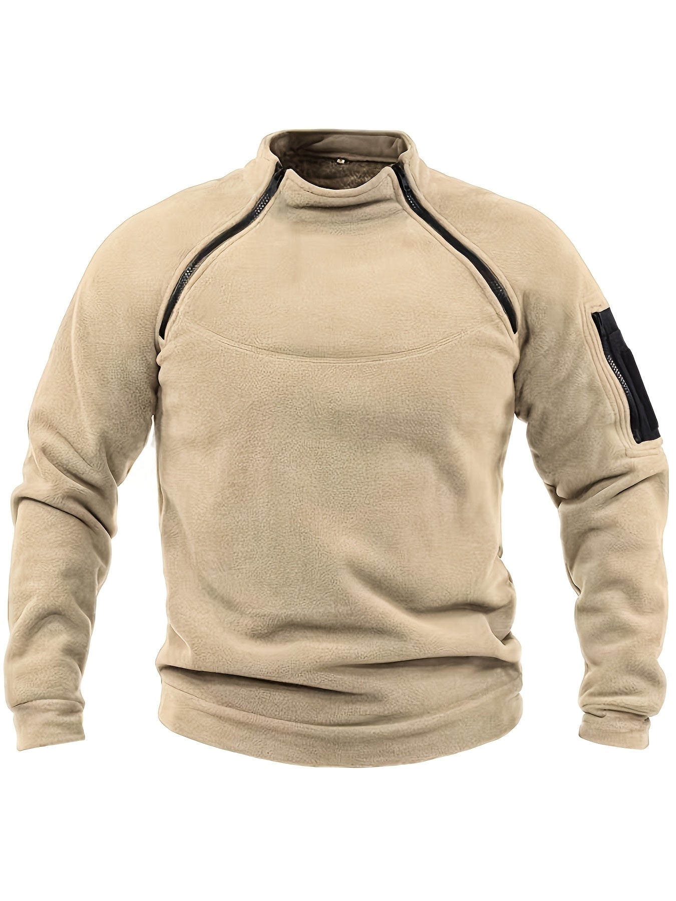 Men's Tactical Fleece Sweatshirt in Beige with Black Accents - Warm, Breathable, Durable, Zip-Up Design for Fall/Winter Outdoor Activities. Made of Polyester, Machine Washable with